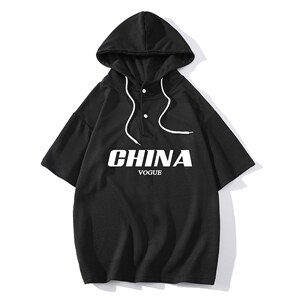 LD54001-P45 连帽短袖t恤男大码胖子带帽五分袖中袖图片