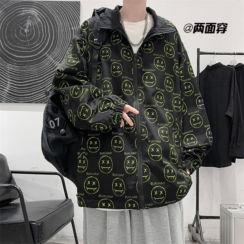 港风模特秋季笑脸印花两面穿多口袋男士夹克外套JK80P85限118，男装夹克，电商A089-1
