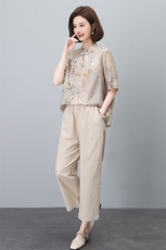 新中式国风棉麻套装女2025夏装新款时尚中年妈妈阔腿裤亚麻两件套，女装套装/套裙，依恋蒂丝