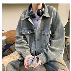 美式高级感水洗破洞牛仔外套男春秋褂子痞帅夹克潮牌休闲潮流衣服，男装工装外套，星座506A