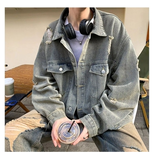 美式高级感水洗破洞牛仔外套男春秋褂子痞帅夹克潮牌休闲潮流衣服图片