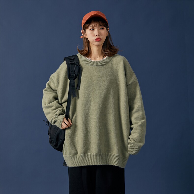 1港风宽松中性情侣潮流纯色大码M-5XL毛衣男外套7979P45加绒P55图片