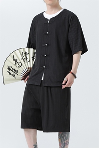 2025夏季风男装套装针织竖纹理唐装套装短袖+短裤 A101-P75图片