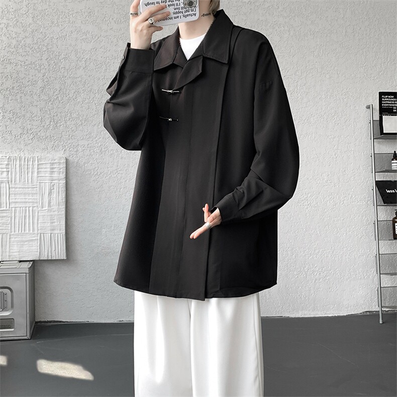 8XL-M风新中式黑色翻领长袖衬衫男秋季休闲衬衣痞帅CS537P58,男装衬衫,电商D206-1