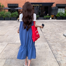 蓝色氛围感漂亮无袖背心连衣裙女夏季韩系小清新抽绳荷叶边A字裙，女装连衣裙，2C159