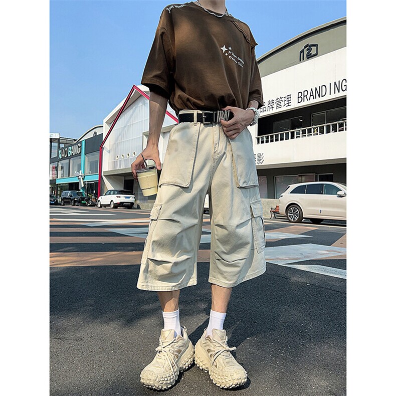 美式复古多口袋工装短裤夏季新款潮流宽松直筒褶皱设计七分裤,男装牛仔裤,星座410-6（原星座1304-1）