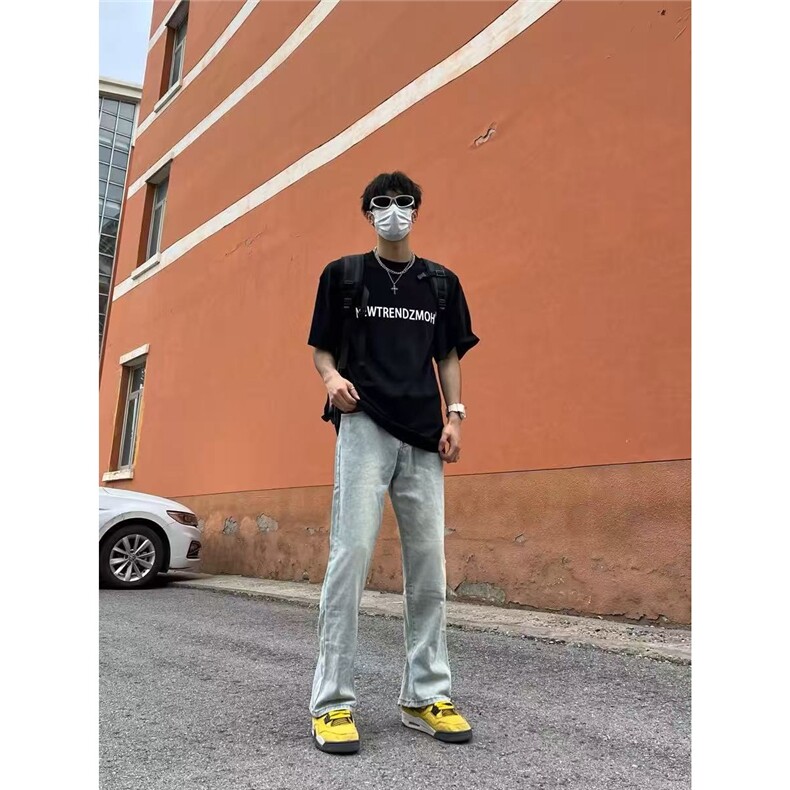 男士牛仔裤男美式高街vibe风休闲直筒微喇裤子潮牌XXA15图片