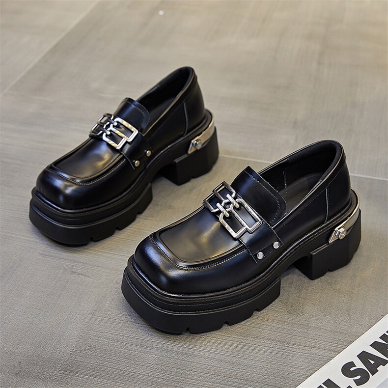 厚底小皮鞋女2023秋冬新款真皮黑色英伦风复古百搭松糕乐福鞋单鞋，女鞋小皮鞋，电商A223