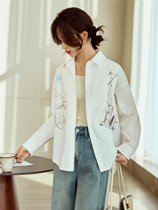 白色印花衬衫女春季新款休闲宽松基础款上衣百搭轻薄纯棉外套图片