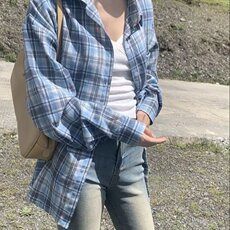 慵懒风蓝色格子衬衫外套女早春秋2025新款宽松衬衣设计感高级上衣，男装衬衫，星座1210-1