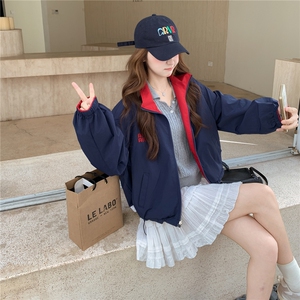韩版宽松撞色立领休闲外套女2025春秋季新款设计感两面穿夹克上衣图片