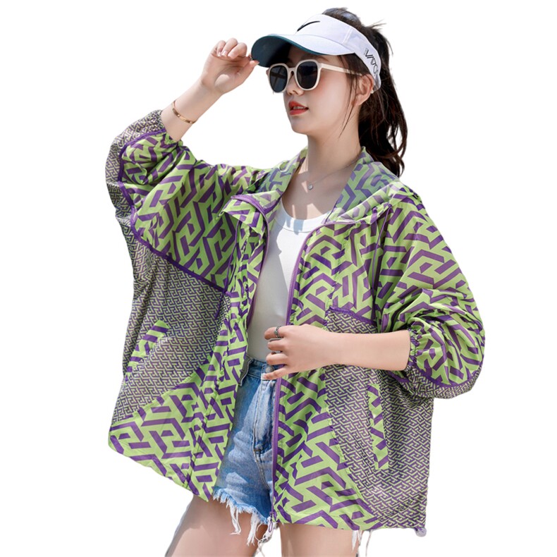 防晒衣女夏季2023新款短款长袖宽松透气洋气印花拼接蝙蝠袖防晒衫,女装防晒衣,帛香坊