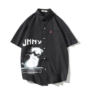 2021春季新网格挂拍日系大码男卡通小猫印花衬衫短袖C3003-P35图片