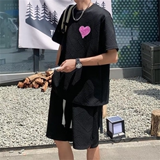 短袖t恤套装男女式光感变色爱心宽松情侣装T恤上衣夏潮牌-TZ662，男装休闲套装，星座601-1