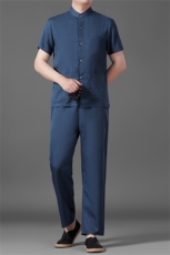 中老年唐装男士立领爸爸夏季风棉麻套装衬衫套装，男装衬衫，钱塘6003B