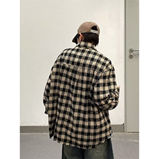 春秋日系宽松刺绣格子衬衫男女生学院风破坏毛边工装长袖衬衣外套，男装衬衫，星座506A