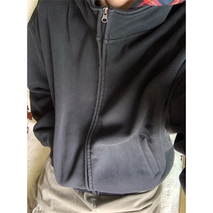 格子拼接连帽卫衣男女款复古潮牌美式高街假两件开衫外套 JY808图片