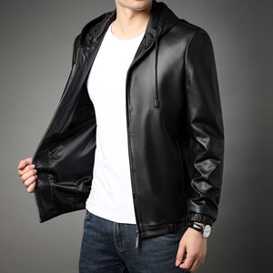 X2023秋冬新款海宁皮衣男士绵羊皮夹克连帽P570图片