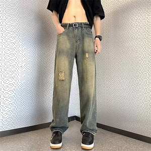 青春流行ins男原宿美式vibe裤子直筒水洗拉链牛仔裤潮K729P43