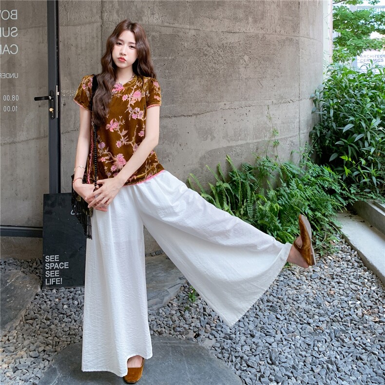 金丝绒碎花新中式国风上衣阔腿裤套装女夏大方得体两件套巨好看,女装套装/套裙,蝶眷