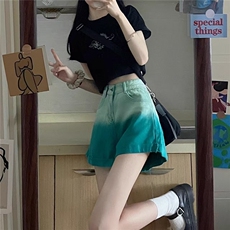 渐变色牛仔短裤女夏季薄款高腰显瘦直筒阔腿裤宽松热裤裤子ins潮，男装牛仔裤，星座506A