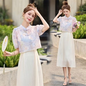 2025夏季改良旗袍连衣裙女夏高级感复古印花年轻款少女修身裙子图片