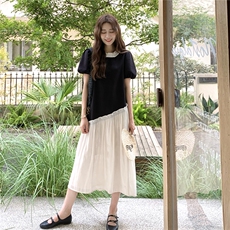 设计感撞色裙子2025夏季新款女时尚百搭显瘦圆领拼接荷叶边连衣裙，女装连衣裙，2C032