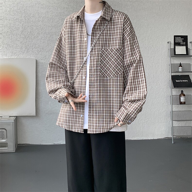 衬衫男秋季新款港风宽松格子长袖衬衫CS802-特P28图片