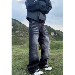 直筒裤街头潮牌复古新款水洗长裤子灰黑色牛仔裤男款 N8427图片