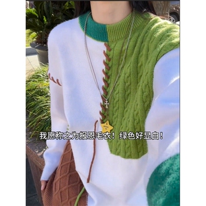 绿色拼接毛衣男秋冬圆领套头针织衫美式复古毛线衣YY102-特P45图片