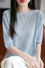 2025夏季新款精纺针织衫女圆领气质半袖时尚宽松内搭短袖T恤，女装针织衫/毛衣，九嘉羊绒