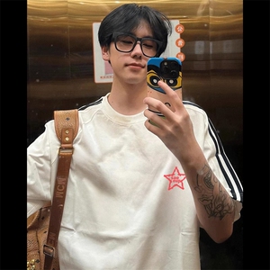 夏季美式高街重磅纯棉三条杠织带撞色男女短袖T恤STG303特P25图片