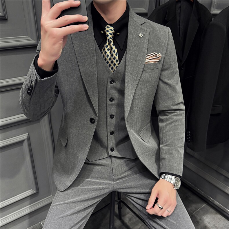 高品质~色织暗条纹平驳领一粒扣西服三件套中灰色SJT8062-P285，男装西服，电商A213