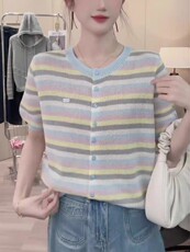 夏季圆领撞色条纹莱赛尔天丝短袖T恤女休闲套头针织薄款半袖上衣，女装T恤，唐诺