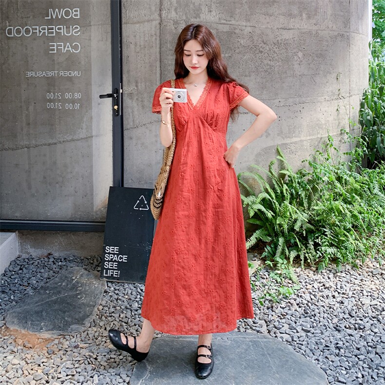 休闲日系氛围感蕾丝拼接连衣裙女2025夏季复古优雅文艺风百搭长裙,女装连衣裙,2C009