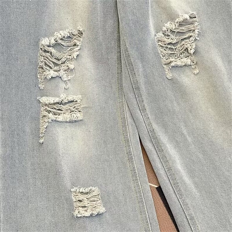 美式复古破洞牛仔裤男女春秋薄款乞丐裤子宽松垂感拖地N7002/P45,男装牛仔裤,星座506B