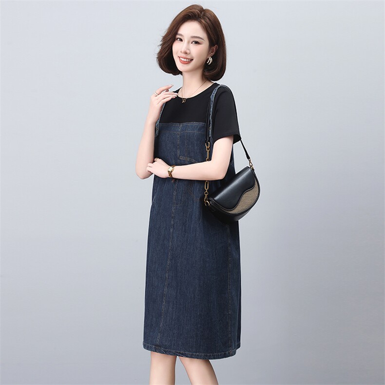 牛仔连衣裙女夏季2025新款爆款大码显瘦气质妈妈假两件背带裙子薄,女装连衣裙,文熹诺