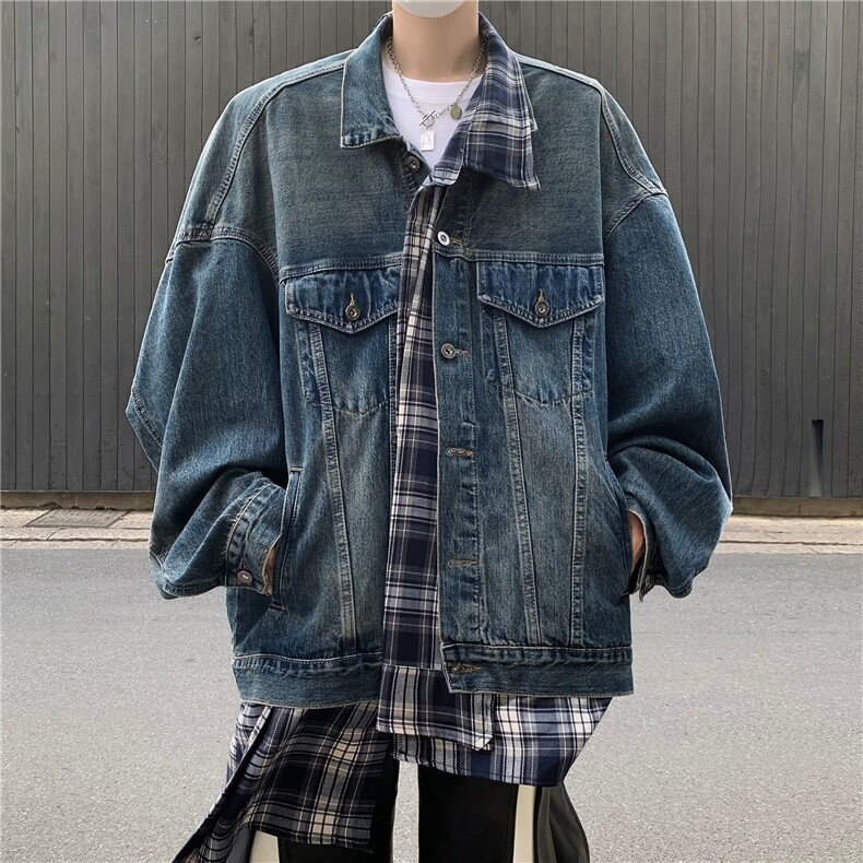 NC624-春季新款不规则设格子拼接牛仔潮牌休闲宽松假两件外套图片