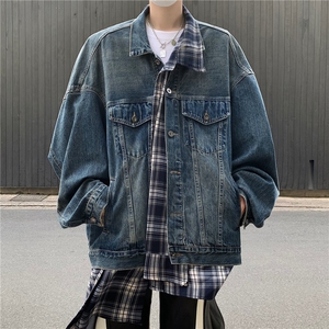 NC624-春季新款不规则设格子拼接牛仔潮牌休闲宽松假两件外套图片