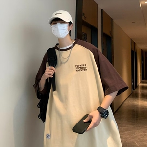 字母刺绣撞色潮流男女夏季宽松休闲短袖t恤复古情侣上衣ST119-P30图片
