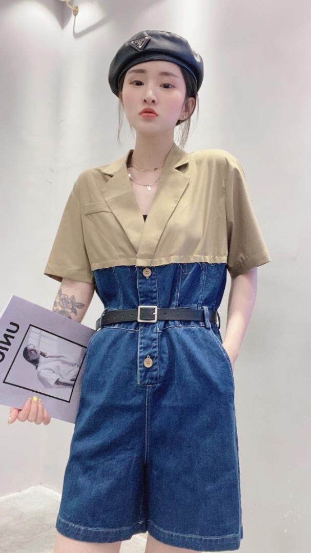 牛仔拼接连体裤，女装连体裤，主合