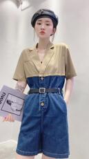 牛仔拼接连体裤，女装连体裤，主合