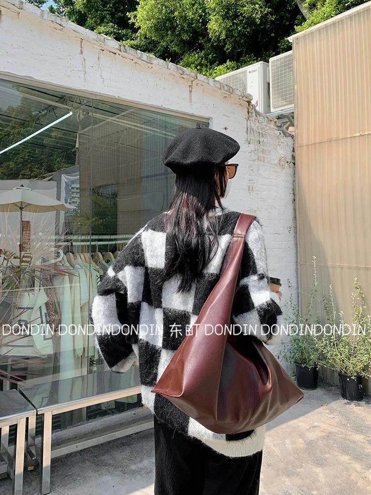 现货羊毛拉架拼色棋盘格毛衣，女装针织衫/毛衣，东町