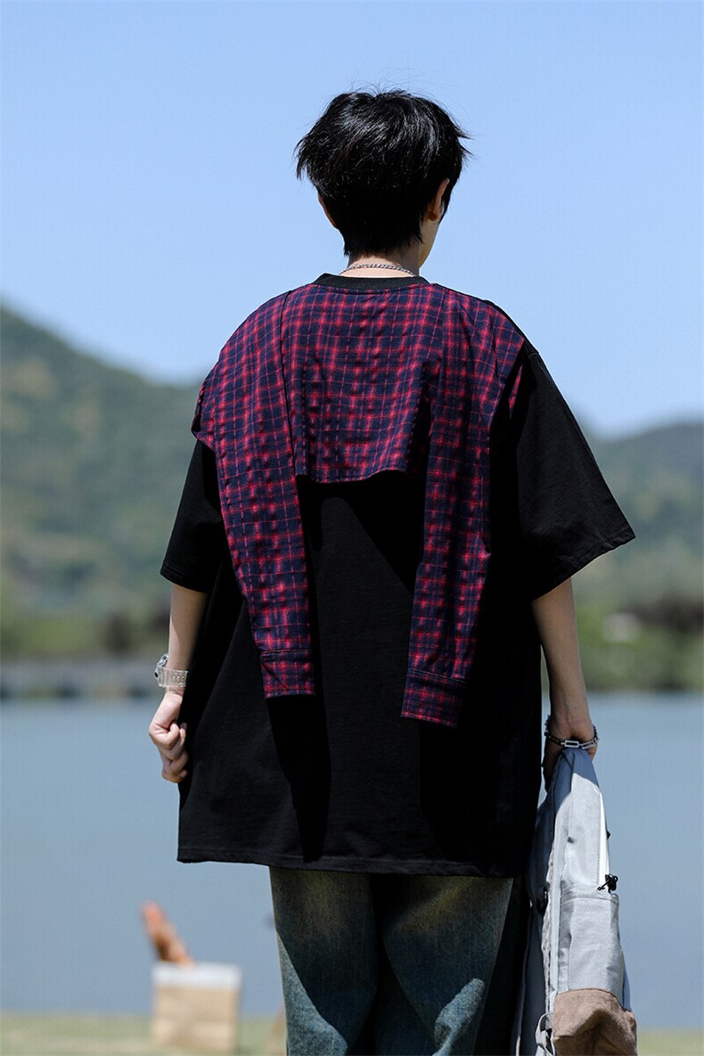 8XL-M潮情侣美式拼接打结格子假两件短袖宽松纯棉T恤男DX338,男装T恤,电商D206-1