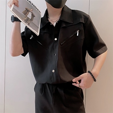 S88/P58控78夏季小伙小众设计感金属拉链垫肩短袖衬衫男士黑首1，男装T恤，星座305B