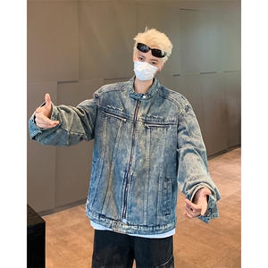 美式短款牛仔外套男高级感痞帅发型师潮牌男装垫肩立领牛仔衣夹克图片