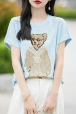 时尚印花冰丝针织短袖T恤女2025夏宽松薄款透气显瘦小飞袖上衣t恤，女装T恤，暖烁羊绒