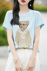 时尚印花冰丝针织短袖T恤女2025夏宽松薄款透气显瘦小飞袖上衣t恤图片
