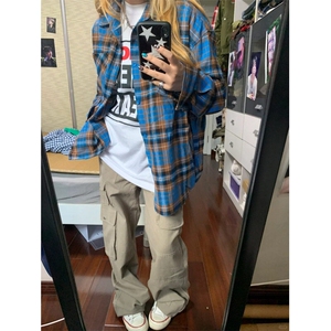CSY113LL-P37 cleanfit美式复古蓝色格子衬衫长袖衬衣图片