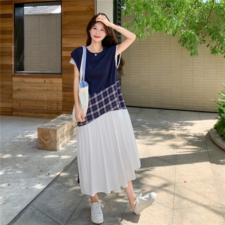 韩版学院风拼接腰封绑带连衣裙女2025夏季新款休闲减龄飞飞袖长裙,女装连衣裙,2C201